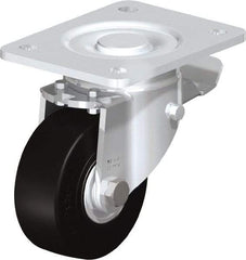 Blickle - 4" Diam x 1-49/64" Wide x 5-33/64" OAH Top Plate Mount Swivel Caster with Brake - Solid Rubber, 594 Lb Capacity, Ball Bearing, 5-1/2 x 4-3/8" Plate - Caliber Tooling