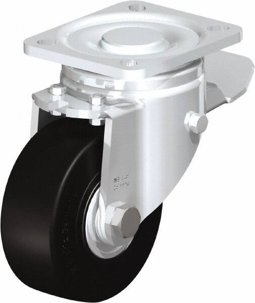 Blickle - 4" Diam x 1-49/64" Wide x 5-33/64" OAH Top Plate Mount Swivel Caster with Brake - Solid Rubber, 594 Lb Capacity, Ball Bearing, 3-15/16 x 3-3/8" Plate - Caliber Tooling