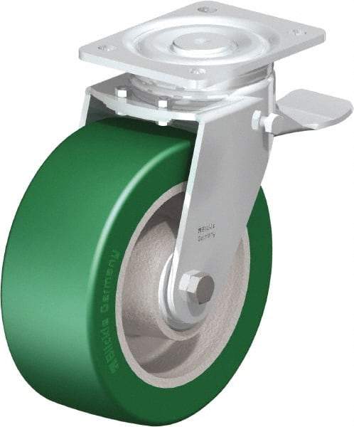 Blickle - 8" Diam x 3-9/64" Wide x 9-41/64" OAH Top Plate Mount Swivel Caster with Brake - Polyurethane-Elastomer Blickle Softhane, 1,760 Lb Capacity, Ball Bearing, 5-1/2 x 4-3/8" Plate - Caliber Tooling