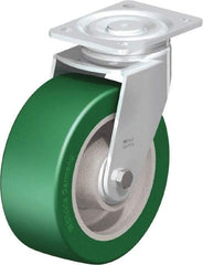 Blickle - 8" Diam x 3-9/64" Wide x 9-41/64" OAH Top Plate Mount Swivel Caster - Polyurethane-Elastomer Blickle Softhane, 1,760 Lb Capacity, Ball Bearing, 5-1/2 x 4-3/8" Plate - Caliber Tooling