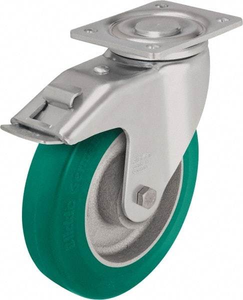 Blickle - 8" Diam x 1-31/32" Wide x 9-41/64" OAH Top Plate Mount Swivel Caster with Brake - Polyurethane-Elastomer Blickle Softhane, 1,760 Lb Capacity, Ball Bearing, 5-1/2 x 4-3/8" Plate - Caliber Tooling