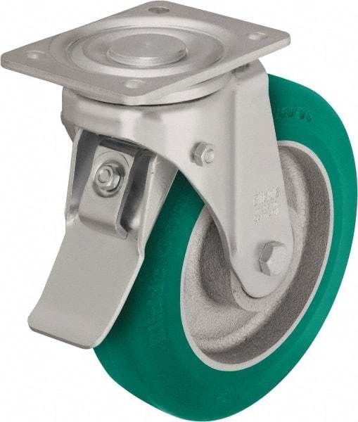 Blickle - 6-1/2" Diam x 1-31/32" Wide x 7-61/64" OAH Top Plate Mount Swivel Caster with Brake - Polyurethane-Elastomer Blickle Softhane, 1,320 Lb Capacity, Ball Bearing, 5-1/2 x 4-3/8" Plate - Caliber Tooling