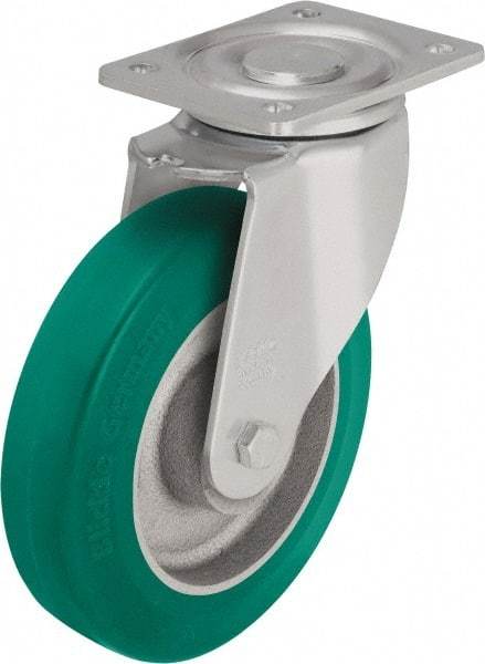 Blickle - 6" Diam x 1-31/32" Wide x 7-3/4" OAH Top Plate Mount Swivel Caster - Polyurethane-Elastomer Blickle Softhane, 1,210 Lb Capacity, Ball Bearing, 5-1/2 x 4-3/8" Plate - Caliber Tooling