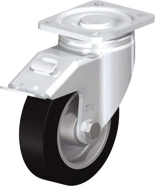 Blickle - 5" Diam x 1-9/16" Wide x 6-1/2" OAH Top Plate Mount Swivel Caster with Brake - Solid Rubber, 550 Lb Capacity, Ball Bearing, 3-15/16 x 3-3/8" Plate - Caliber Tooling