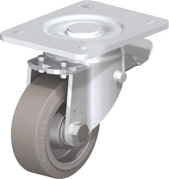 Blickle - 4" Diam x 1-9/16" Wide x 5-33/64" OAH Top Plate Mount Swivel Caster with Brake - Solid Rubber, 440 Lb Capacity, Ball Bearing, 5-1/2 x 4-3/8" Plate - Caliber Tooling