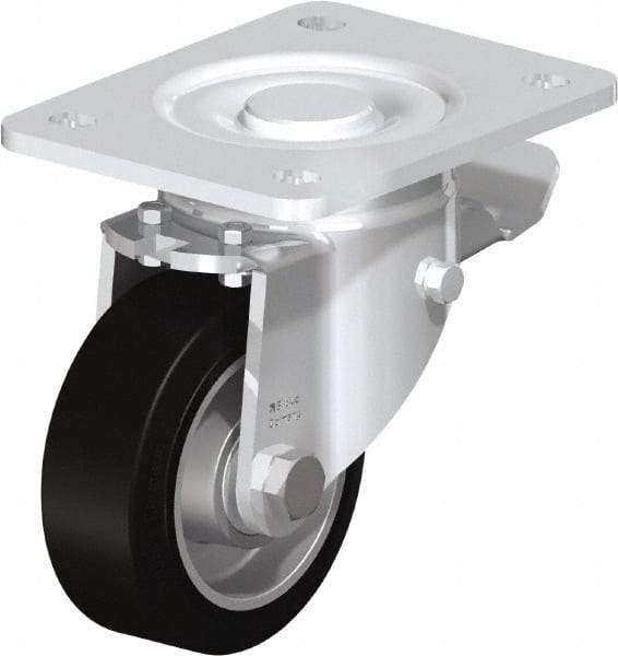 Blickle - 4" Diam x 1-9/16" Wide x 5-33/64" OAH Top Plate Mount Swivel Caster with Brake - Solid Rubber, 440 Lb Capacity, Ball Bearing, 5-1/2 x 4-3/8" Plate - Caliber Tooling