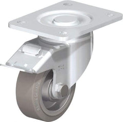 Blickle - 4" Diam x 1-9/16" Wide x 5-33/64" OAH Top Plate Mount Swivel Caster with Brake - Solid Rubber, 440 Lb Capacity, Ball Bearing, 5-1/2 x 4-3/8" Plate - Caliber Tooling