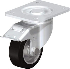 Blickle - 4" Diam x 1-9/16" Wide x 5-33/64" OAH Top Plate Mount Swivel Caster with Brake - Solid Rubber, 440 Lb Capacity, Ball Bearing, 5-1/2 x 4-3/8" Plate - Caliber Tooling