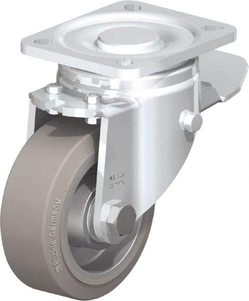 Blickle - 4" Diam x 1-9/16" Wide x 5-33/64" OAH Top Plate Mount Swivel Caster with Brake - Solid Rubber, 440 Lb Capacity, Ball Bearing, 3-15/16 x 3-3/8" Plate - Caliber Tooling