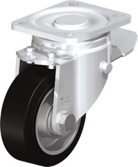 Blickle - 4" Diam x 1-9/16" Wide x 5-33/64" OAH Top Plate Mount Swivel Caster with Brake - Solid Rubber, 440 Lb Capacity, Ball Bearing, 3-15/16 x 3-3/8" Plate - Caliber Tooling