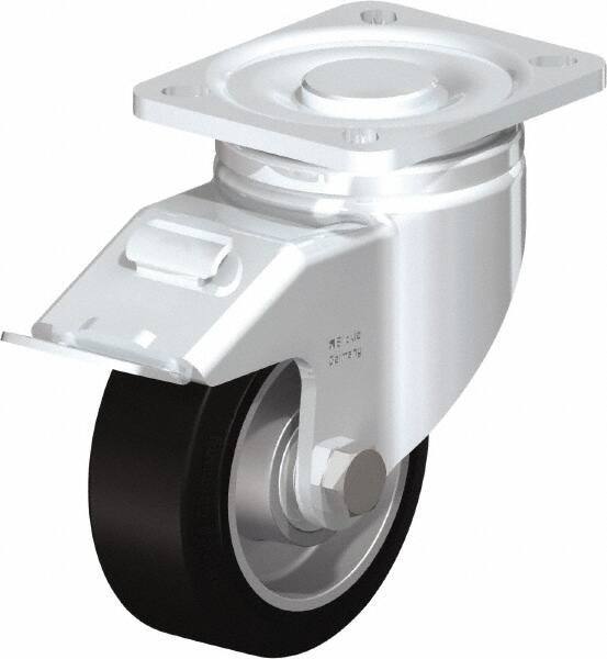 Blickle - 4" Diam x 1-9/16" Wide x 5-33/64" OAH Top Plate Mount Swivel Caster with Brake - Solid Rubber, 440 Lb Capacity, Ball Bearing, 3-15/16 x 3-3/8" Plate - Caliber Tooling