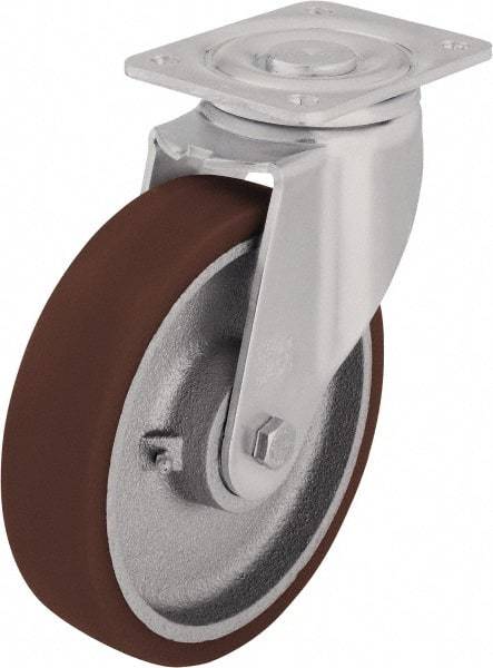 Blickle - 5" Diam x 1-31/32" Wide x 6-1/2" OAH Top Plate Mount Swivel Caster - Polyurethane-Elastomer Blickle Softhane, 1,100 Lb Capacity, Ball Bearing, 5-1/2 x 4-3/8" Plate - Caliber Tooling