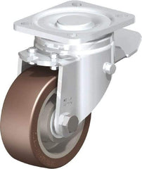 Blickle - 4" Diam x 1-37/64" Wide x 5-33/64" OAH Top Plate Mount Swivel Caster with Brake - Polyurethane-Elastomer Blickle Softhane, 880 Lb Capacity, Ball Bearing, 3-15/16 x 3-3/8" Plate - Caliber Tooling