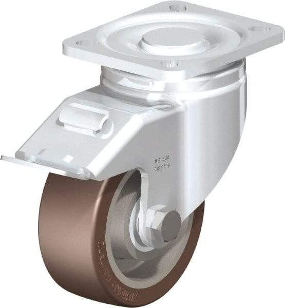 Blickle - 4" Diam x 1-37/64" Wide x 5-33/64" OAH Top Plate Mount Swivel Caster with Brake - Polyurethane-Elastomer Blickle Softhane, 880 Lb Capacity, Ball Bearing, 3-15/16 x 3-3/8" Plate - Caliber Tooling