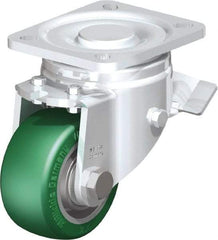 Blickle - 3" Diam x 1-9/16" Wide x 4-23/32" OAH Top Plate Mount Swivel Caster with Brake - Polyurethane-Elastomer Blickle Softhane, 506 Lb Capacity, Ball Bearing, 3-15/16 x 3-3/8" Plate - Caliber Tooling