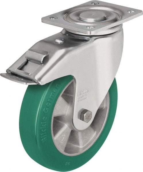 Blickle - 6-1/2" Diam x 2" Wide x 7-61/64" OAH Top Plate Mount Swivel Caster with Brake - Polyurethane-Elastomer Blickle Softhane, 1,210 Lb Capacity, Ball Bearing, 5-1/2 x 4-3/8" Plate - Caliber Tooling