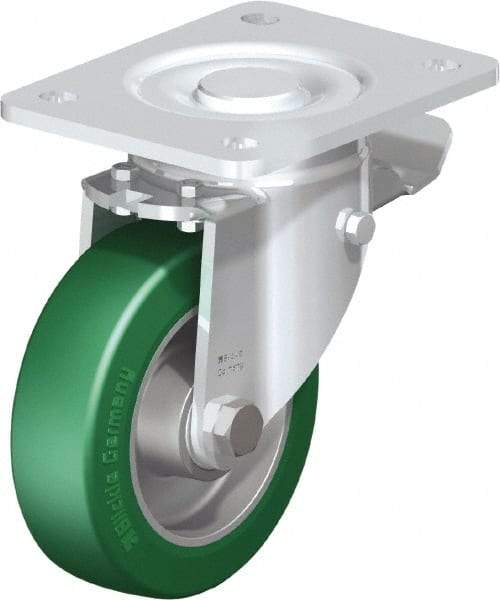 Blickle - 5" Diam x 1-9/16" Wide x 6-1/2" OAH Top Plate Mount Swivel Caster with Brake - Polyurethane-Elastomer Blickle Softhane, 770 Lb Capacity, Ball Bearing, 5-1/2 x 4-3/8" Plate - Caliber Tooling