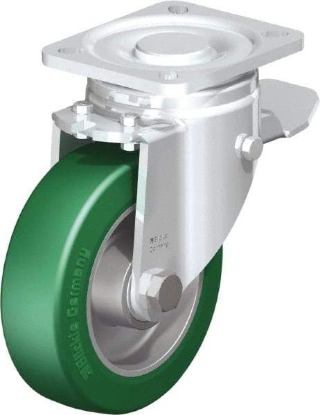 Blickle - 5" Diam x 1-9/16" Wide x 6-1/2" OAH Top Plate Mount Swivel Caster with Brake - Polyurethane-Elastomer Blickle Softhane, 770 Lb Capacity, Ball Bearing, 3-15/16 x 3-3/8" Plate - Caliber Tooling