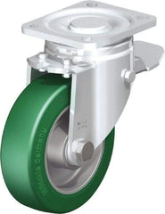 Blickle - 5" Diam x 1-9/16" Wide x 6-1/2" OAH Top Plate Mount Swivel Caster with Brake - Polyurethane-Elastomer Blickle Softhane, 770 Lb Capacity, Ball Bearing, 3-15/16 x 3-3/8" Plate - Caliber Tooling