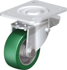 Blickle - 4" Diam x 1-9/16" Wide x 5-33/64" OAH Top Plate Mount Swivel Caster with Brake - Polyurethane-Elastomer Blickle Softhane, 660 Lb Capacity, Ball Bearing, 5-1/2 x 4-3/8" Plate - Caliber Tooling