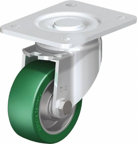 Blickle - 4" Diam x 1-9/16" Wide x 5-33/64" OAH Top Plate Mount Swivel Caster - Polyurethane-Elastomer Blickle Softhane, 660 Lb Capacity, Ball Bearing, 5-1/2 x 4-3/8" Plate - Caliber Tooling