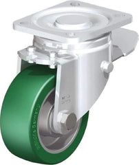 Blickle - 4" Diam x 1-9/16" Wide x 5-33/64" OAH Top Plate Mount Swivel Caster with Brake - Polyurethane-Elastomer Blickle Softhane, 660 Lb Capacity, Ball Bearing, 3-15/16 x 3-3/8" Plate - Caliber Tooling