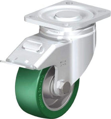 Blickle - 4" Diam x 1-9/16" Wide x 5-33/64" OAH Top Plate Mount Swivel Caster with Brake - Polyurethane-Elastomer Blickle Softhane, 660 Lb Capacity, Ball Bearing, 3-15/16 x 3-3/8" Plate - Caliber Tooling