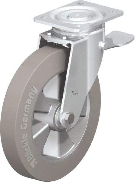 Blickle - 10" Diam x 2" Wide x 11-39/64" OAH Top Plate Mount Swivel Caster with Brake - Solid Rubber, 1,430 Lb Capacity, Ball Bearing, 5-1/2 x 4-3/8" Plate - Caliber Tooling