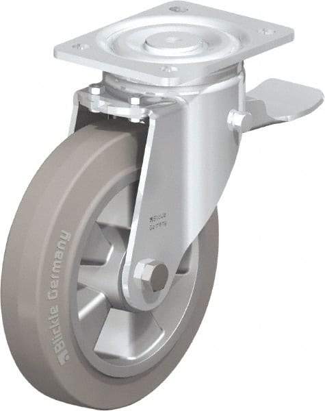 Blickle - 8" Diam x 2" Wide x 9-41/64" OAH Top Plate Mount Swivel Caster with Brake - Solid Rubber, 1,210 Lb Capacity, Ball Bearing, 5-1/2 x 4-3/8" Plate - Caliber Tooling