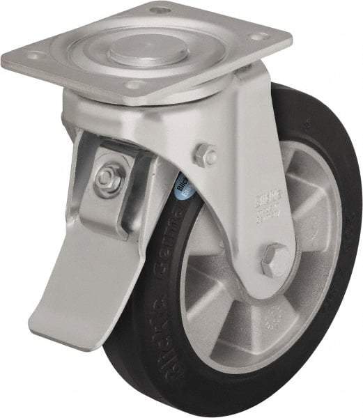 Blickle - 8" Diam x 2" Wide x 9-41/64" OAH Top Plate Mount Swivel Caster with Brake - Solid Rubber, 1,210 Lb Capacity, Ball Bearing, 5-1/2 x 4-3/8" Plate - Caliber Tooling