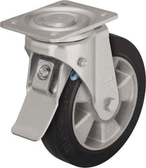 Blickle - 6-1/2" Diam x 2" Wide x 7-61/64" OAH Top Plate Mount Swivel Caster with Brake - Solid Rubber, 880 Lb Capacity, Ball Bearing, 5-1/2 x 4-3/8" Plate - Caliber Tooling