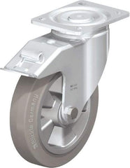 Blickle - 8" Diam x 2" Wide x 9-41/64" OAH Top Plate Mount Swivel Caster with Brake - Solid Rubber, 1,210 Lb Capacity, Ball Bearing, 5-1/2 x 4-3/8" Plate - Caliber Tooling