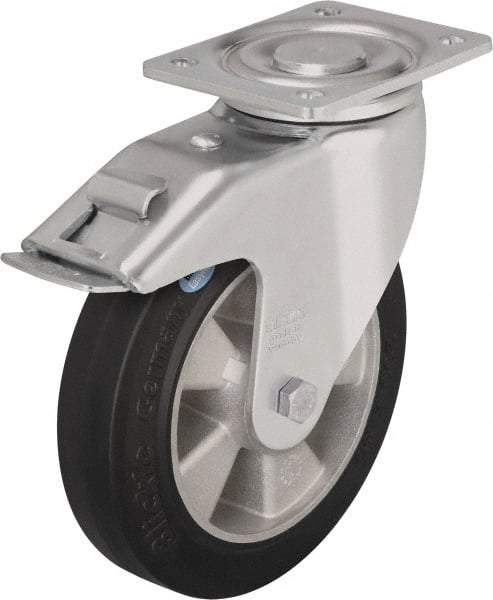 Blickle - 8" Diam x 2" Wide x 9-41/64" OAH Top Plate Mount Swivel Caster with Brake - Solid Rubber, 1,210 Lb Capacity, Ball Bearing, 5-1/2 x 4-3/8" Plate - Caliber Tooling