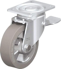 Blickle - 6-1/2" Diam x 2" Wide x 7-61/64" OAH Top Plate Mount Swivel Caster with Brake - Solid Rubber, 880 Lb Capacity, Ball Bearing, 5-1/2 x 4-3/8" Plate - Caliber Tooling