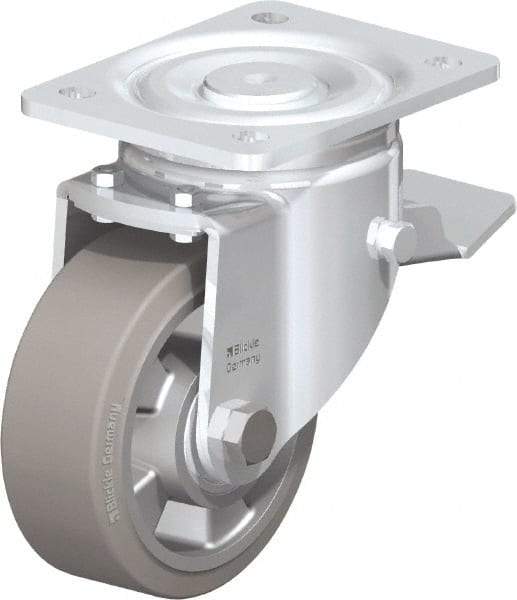 Blickle - 5" Diam x 2" Wide x 6-11/16" OAH Top Plate Mount Swivel Caster with Brake - Solid Rubber, 594 Lb Capacity, Ball Bearing, 5-1/2 x 4-3/8" Plate - Caliber Tooling