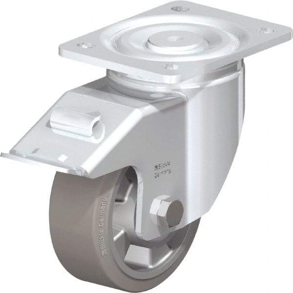 Blickle - 5" Diam x 2" Wide x 6-11/16" OAH Top Plate Mount Swivel Caster with Brake - Solid Rubber, 594 Lb Capacity, Ball Bearing, 5-1/2 x 4-3/8" Plate - Caliber Tooling