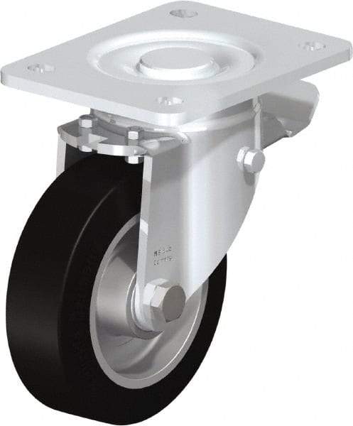 Blickle - 5" Diam x 1-9/16" Wide x 6-1/2" OAH Top Plate Mount Swivel Caster with Brake - Solid Rubber, 550 Lb Capacity, Ball Bearing, 5-1/2 x 4-3/8" Plate - Caliber Tooling