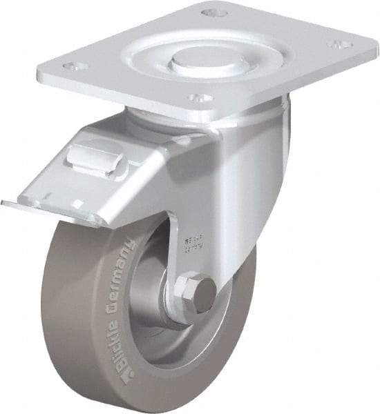 Blickle - 5" Diam x 1-9/16" Wide x 6-1/2" OAH Top Plate Mount Swivel Caster with Brake - Solid Rubber, 550 Lb Capacity, Ball Bearing, 5-1/2 x 4-3/8" Plate - Caliber Tooling