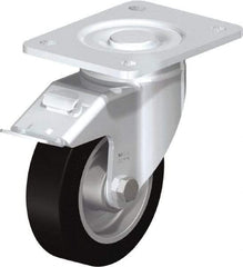 Blickle - 5" Diam x 1-9/16" Wide x 6-1/2" OAH Top Plate Mount Swivel Caster with Brake - Solid Rubber, 550 Lb Capacity, Ball Bearing, 5-1/2 x 4-3/8" Plate - Caliber Tooling