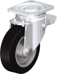 Blickle - 5" Diam x 1-9/16" Wide x 6-1/2" OAH Top Plate Mount Swivel Caster with Brake - Solid Rubber, 550 Lb Capacity, Ball Bearing, 3-15/16 x 3-3/8" Plate - Caliber Tooling