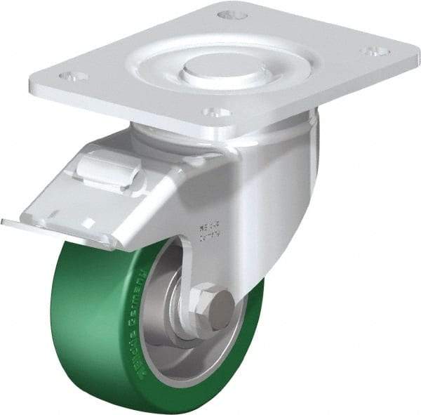 Blickle - 4" Diam x 1-9/16" Wide x 5-33/64" OAH Top Plate Mount Swivel Caster with Brake - Polyurethane-Elastomer Blickle Softhane, 660 Lb Capacity, Ball Bearing, 5-1/2 x 4-3/8" Plate - Caliber Tooling