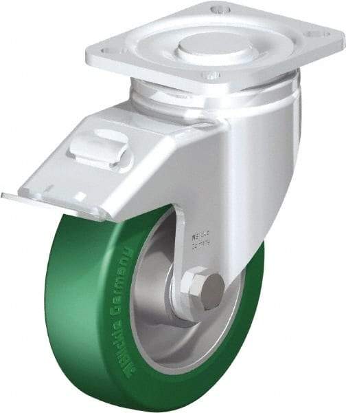 Blickle - 5" Diam x 1-9/16" Wide x 6-1/2" OAH Top Plate Mount Swivel Caster with Brake - Polyurethane-Elastomer Blickle Softhane, 770 Lb Capacity, Ball Bearing, 3-15/16 x 3-3/8" Plate - Caliber Tooling