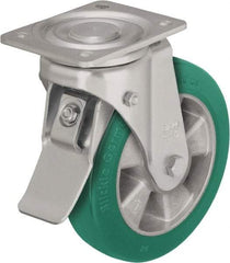 Blickle - 5" Diam x 2-1/8" Wide x 6-11/16" OAH Top Plate Mount Swivel Caster with Brake - Polyurethane-Elastomer Blickle Softhane, 990 Lb Capacity, Ball Bearing, 5-1/2 x 4-3/8" Plate - Caliber Tooling