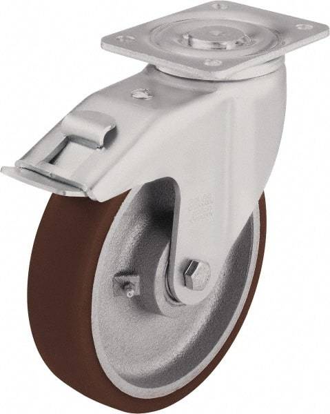 Blickle - 5" Diam x 1-31/32" Wide x 6-1/2" OAH Top Plate Mount Swivel Caster with Brake - Polyurethane-Elastomer Blickle Softhane, 1,100 Lb Capacity, Ball Bearing, 3-15/16 x 3-3/8" Plate - Caliber Tooling