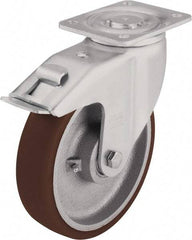 Blickle - 8" Diam x 2-35/64" Wide x 9-21/32" OAH Top Plate Mount Swivel Caster with Brake - Polyurethane-Elastomer Blickle Softhane, 1,980 Lb Capacity, Ball Bearing, 5-1/2 x 4-3/8" Plate - Caliber Tooling