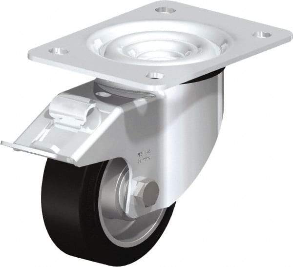 Blickle - 4" Diam x 1-37/64" Wide x 5-7/64" OAH Top Plate Mount Swivel Caster with Brake - Solid Rubber, 440 Lb Capacity, Ball Bearing, 5-1/2 x 4-3/8" Plate - Caliber Tooling