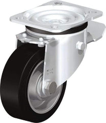 Blickle - 4" Diam x 1-37/64" Wide x 5-7/64" OAH Top Plate Mount Swivel Caster with Brake - Solid Rubber, 440 Lb Capacity, Ball Bearing, 3-15/16 x 3-3/8" Plate - Caliber Tooling