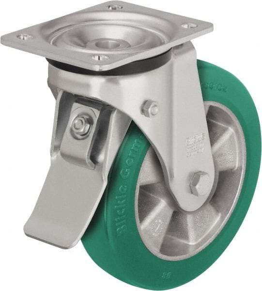 Blickle - 5" Diam x 2-1/8" Wide x 6-11/16" OAH Top Plate Mount Swivel Caster with Brake - Polyurethane-Elastomer Blickle Softhane, 990 Lb Capacity, Ball Bearing, 5-1/2 x 4-3/8" Plate - Caliber Tooling