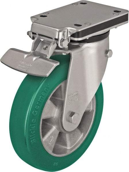 Blickle - 6-1/2" Diam x 2" Wide x 10-5/16" OAH Top Plate Mount Swivel Caster with Brake - Polyurethane-Elastomer Blickle Softhane, 1,210 Lb Capacity, Ball Bearing, 5-1/2 x 4-3/8" Plate - Caliber Tooling