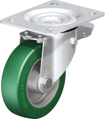 Blickle - 5" Diam x 1-37/64" Wide x 6-7/64" OAH Top Plate Mount Swivel Caster with Brake - Polyurethane-Elastomer Blickle Softhane, 770 Lb Capacity, Ball Bearing, 5-1/2 x 4-3/8" Plate - Caliber Tooling